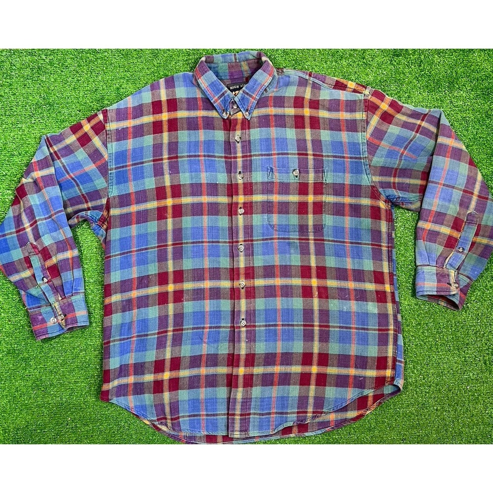 Vintage‎ High Sierra Flannel Shirt XL Red Purple Blue Plaid Pocket Hiking 90s